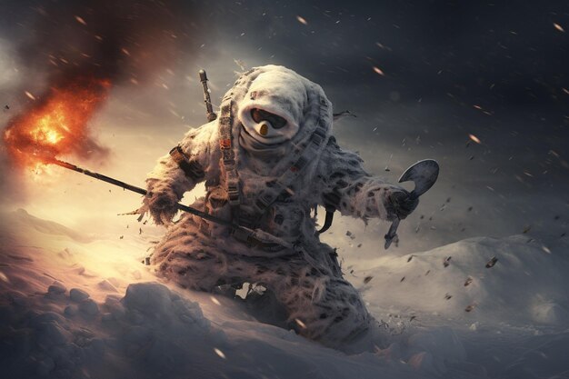 Un bonhomme de neige skiant dans le style post-apocalyptique