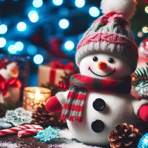 Le bonhomme de neige souriant dans la nuit célébration d'hiver avec des décorations