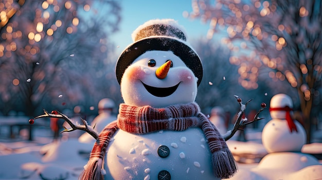 Photo bonhomme de neige souriant debout dans la neige près des épinettes nouvel an vacances de noël