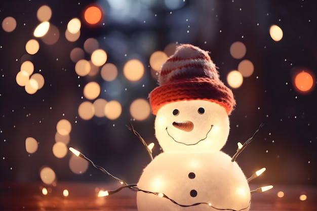 Bonhomme de neige souriant sur fond de bokeh de noël