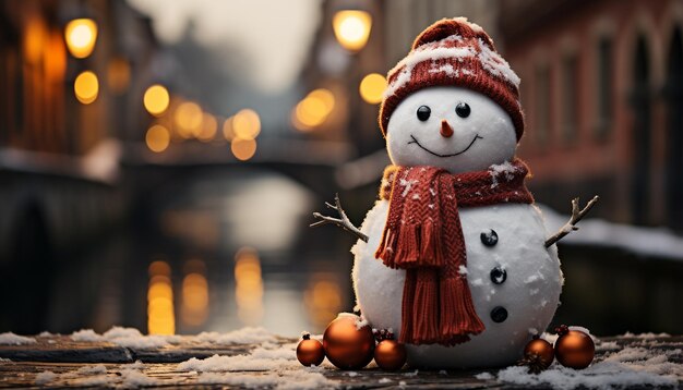 Photo un bonhomme de neige souriant et joyeux célèbre l'hiver sur un fond de flocons de neige brillants générés par l'ia