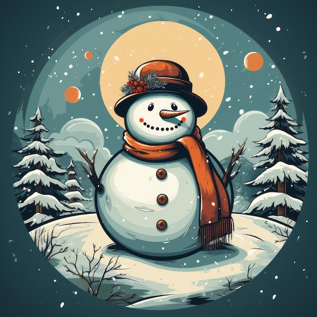 Un bonhomme de neige de style rétro Une illustration de carte de vacances vintage