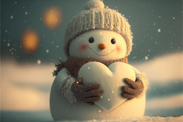 Bonhomme de neige tenant un coeur Saint Valentin bonhomme de neige Fond de la Saint Valentin hiver AI générative