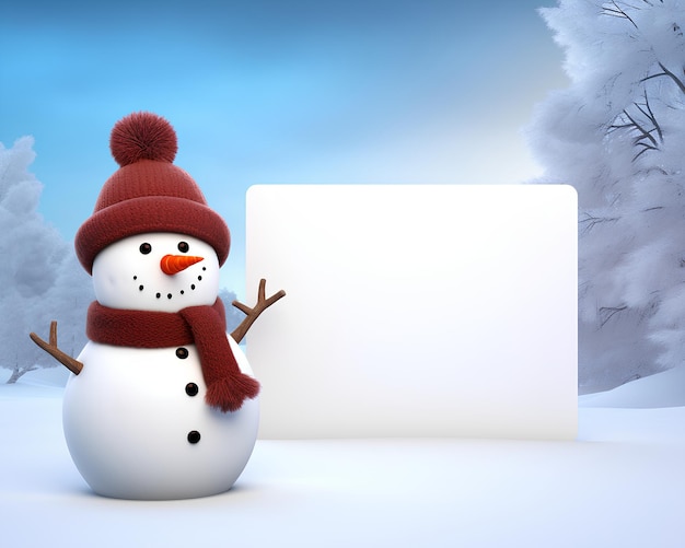 Photo un bonhomme de neige tenant une pancarte blanche sur une photo d'arrière-plan d'hiver
