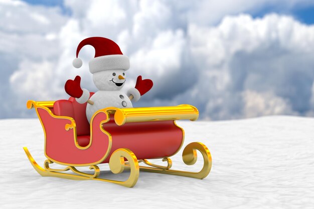 Bonhomme de neige en traîneau sur congère. illustration 3D