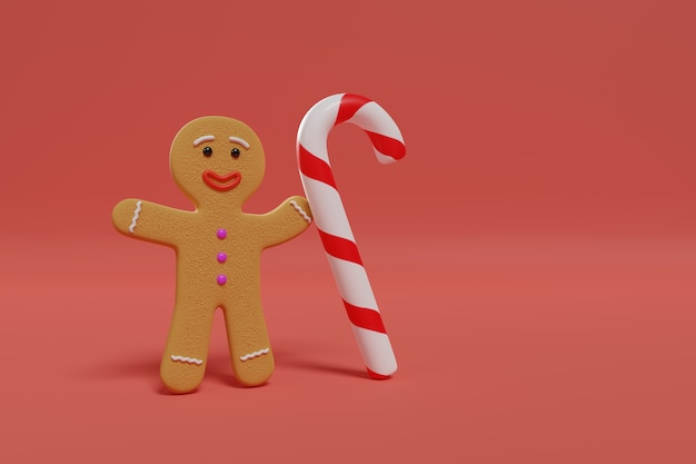 Bonhomme en pain d'épice et canne en bonbon sur fond rouge. Notion de Noël.