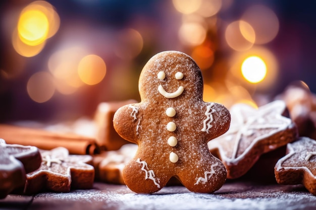 Bonhomme en pain d'épice festif Gâteries de Noël sur fond de bokeh flou AI générative