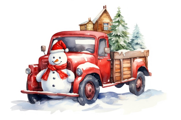 Bonhommes de neige aquarelle en camion de Noël rouge isolé sur fond blanc