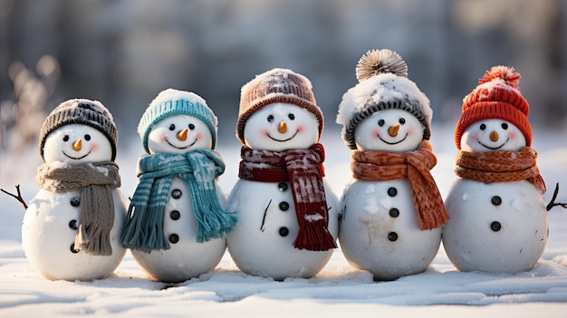 Photo des bonhommes de neige en chapeaux et foulards dans la neige sur un fond enneigé avec un magnifique effet bokeh générez ai