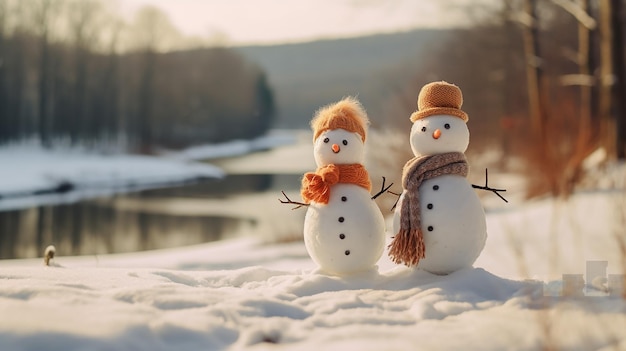 Des bonhommes de neige contre un paysage hivernal Photographie 8K