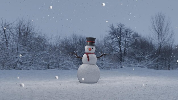 Bonhommes de neige avec des flocons de neige et des étoiles Rendu 3d de bonhomme de neige