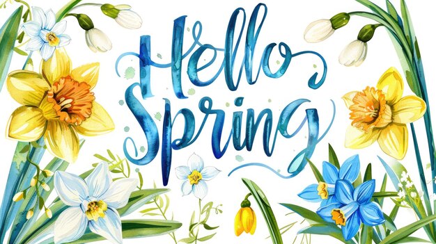 Bonjour au printemps Lettres à l'aquarelle florale avec des narcises de jacinthes et des gouttelettes de neige
