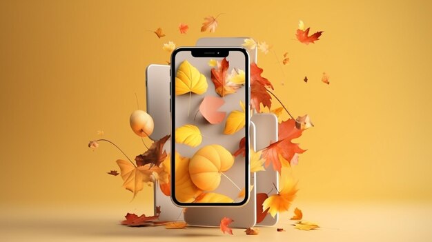 bonjour automne fond d'automne avec application de voeux coeur et feuilles colorées sur planche de bois