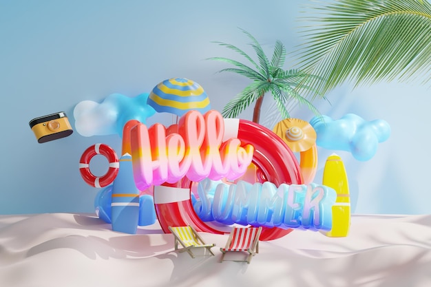 Bonjour aux éléments de plage de conception de bannière d'été avec lettrage 3d sur fond de sable Illustration 3d
