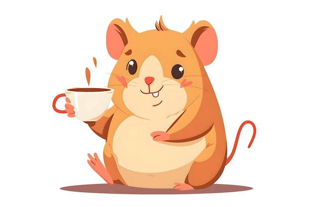 Bonjour souris avec une tasse de café à la main dans le style plat