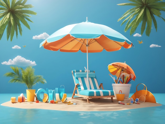 Bonjour Summer Design texte bannière vacances concept parasol fond bleu rendu 3D