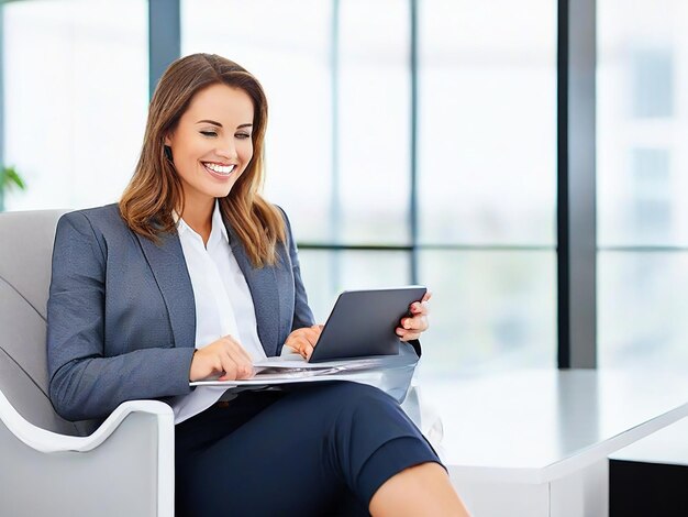 Bonne affaire en utilisant un téléphone portable tout en étant assis dans un bureau