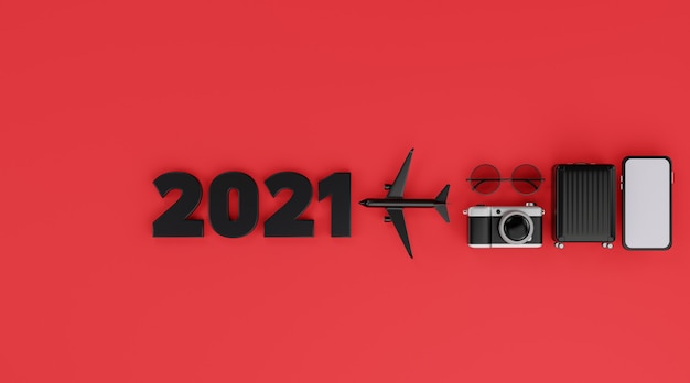 Bonne Année 2021: Maquette Mobile à écran Blanc Avec Avion, Appareil Photo, Bagages Et Lunettes De Soleil