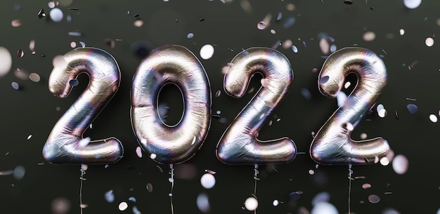 Bonne année 2022. 2022 ballons en aluminium ternissant et confettis tombant sur fond noir. Ternir les numéros de ballons à l'hélium. Image de concept d'affiche ou de bannière festive