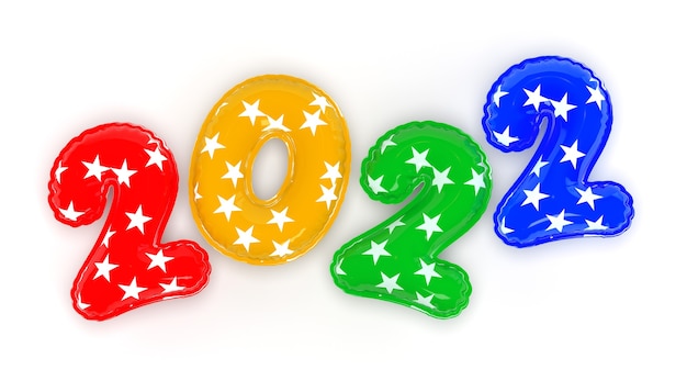 Bonne année 2022. Ballons multicolores réalistes de fond. Rendu 3D