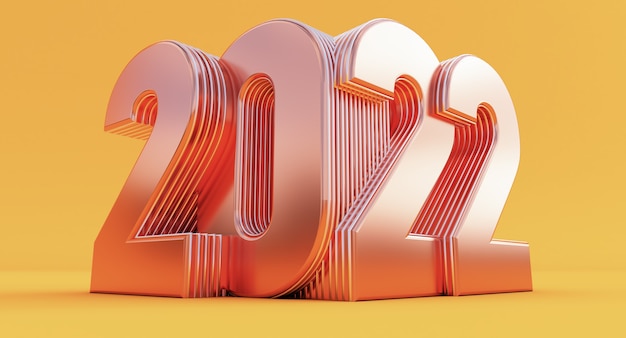 Bonne année 2022. Rendu 3D de l'année 2022 bronze isolé sur fond jaune