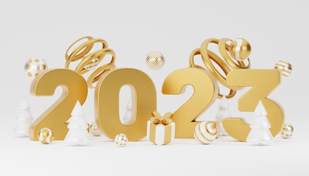 Bonne année 2023 design doré avec boîte-cadeau et ballon Holliday éléments décoratifs sur fond blanc illustration de rendu 3D