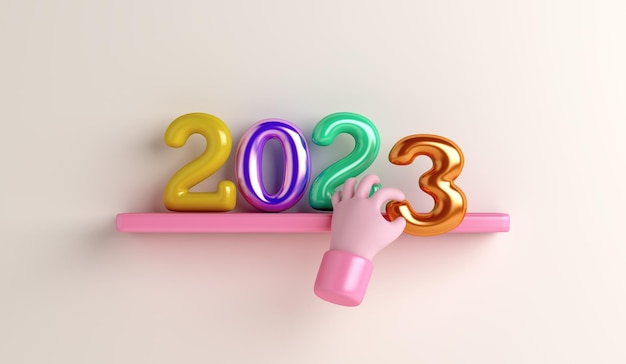 Bonne année 2023 fond de décoration avec main de dessin animé 3d