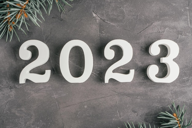 Photo bonne année 2023 numéros blancs 2023 allongés sur une surface de béton inégale grise avec des branches d'arbres de noël vue de dessus