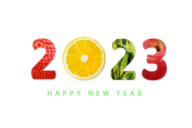 Photo bonne année 2023 pour les soins de santé sur fond blanc fruits et légumes qui font le numéro 2023