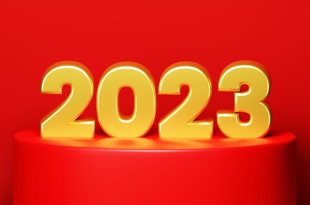 Bonne année 2023 salutation couleur or sur podium rouge avec bannière de fond rouge