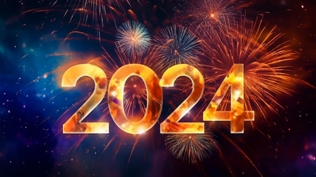 Bonne année 2024 célébration de fond avec des feux d'artifice