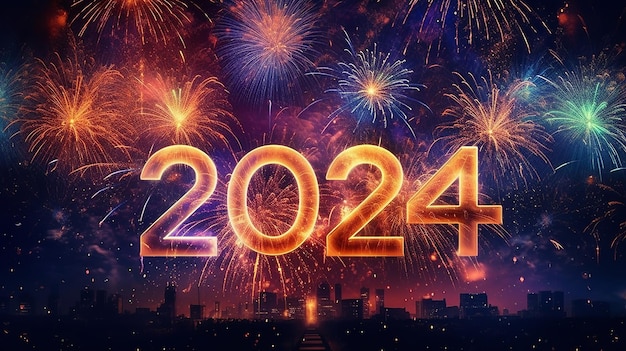 Bonne année 2024 avec des feux d'artifice en arrière-plan