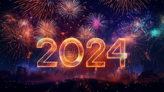 Bonne année 2024 avec des feux d'artifice en arrière-plan