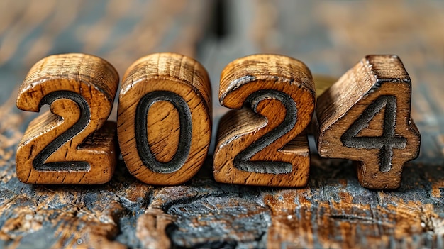 Bonne année 2024 Figures en bois sur un fond en bois rustique