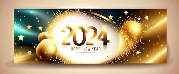 Bonne année 2024 symbole doré sur fond clair avec des touches étincelantes et salut avec illustration bokeh