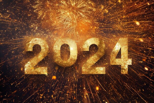 Bonne année 2024 texte avec des chiffres d'or étincelants sur le fond des feux d'artifice génératif Ai