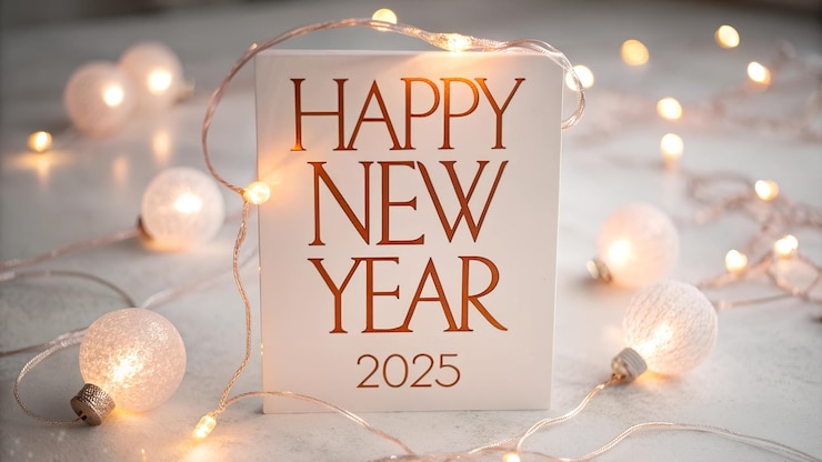 Photo bonne année 2025 affiche avec police métallique dorée feux d'artifice de fête fond noir confetti