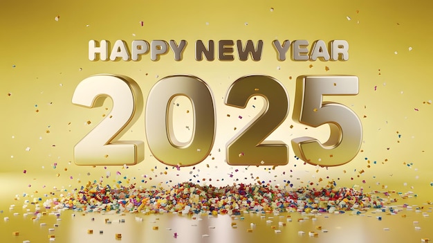 Bonne année 2025 avec des chiffres 3D et une célébration de confetti