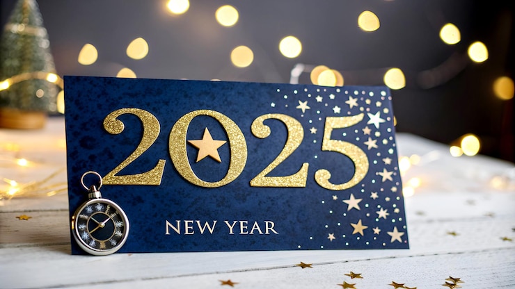 Photo bonne année 2025 et or l'horloge avec fond bleu foncé