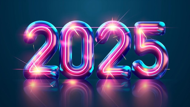 Bonne année 2025, panneau au néon brillant, dessin de chiffres sur fond bleu foncé.