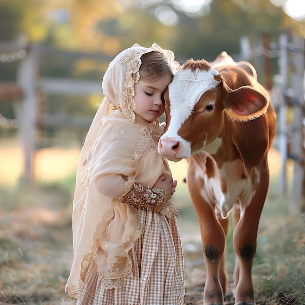 Bonne année à l'Aïd al-Adha à l'arrière-plan veau avec petite fille pour la carte de vœux de l'Eid al-Aïd