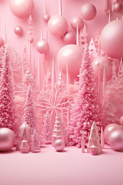 Bonne année arbres de Noël rose pastel ballons décoratifs flocons de neige flocons d'hiver carte cadeau affiche de vacances fond rose d'hivers avec éléments traditionnels cadre vertical