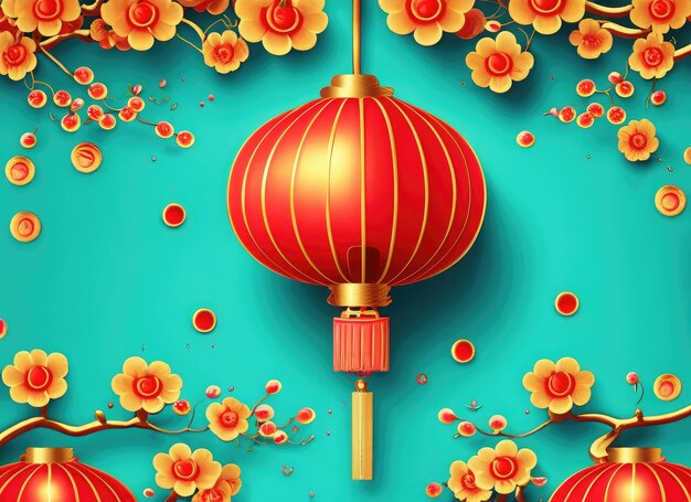 Bonne année de l'art du papier stlye chinois avec des fleurs élégantes et des lanternes suspendues généré par l'IA