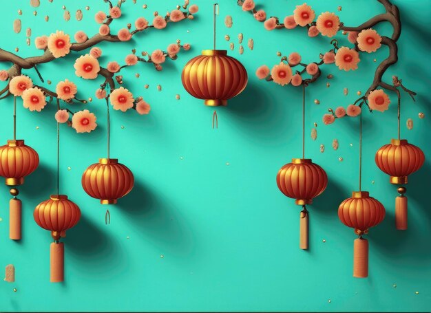 Bonne année de l'art du papier stlye chinois avec des fleurs élégantes et des lanternes suspendues généré par l'IA