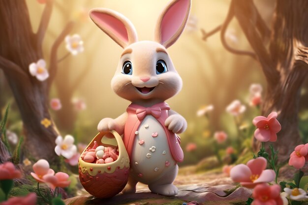 Photo bonne année au lapin de pâques et aux œufs de pâque dans le style des dessins animés ai générative