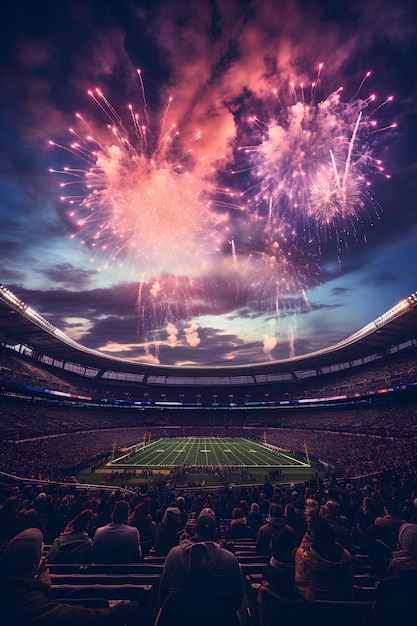 Bonne année, la belle vue des feux d'artifice de la nouvelle année explosant au-dessus du bâtiment