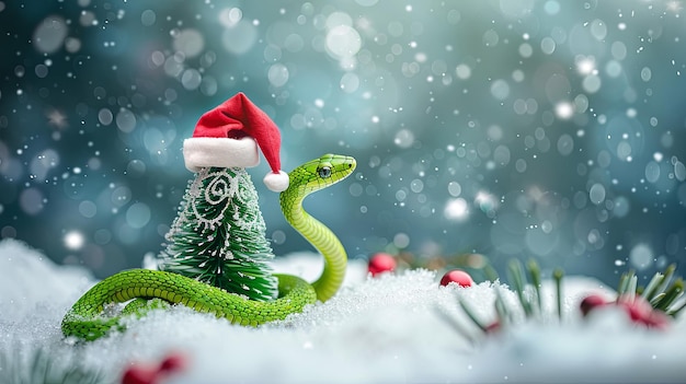 Photo bonne année carte de vœux avec arbre de noël dans le chapeau de père noël et le serpent vert