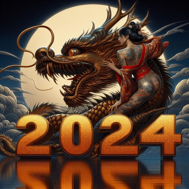 Photo bonne année chinoise 2024 avec le dragon femme asiatique et la lune affiche peinture shunga