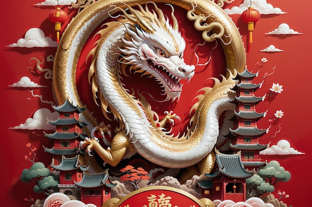 Photo bonne année chinoise 2024 le fond du cadre rouge du dragon