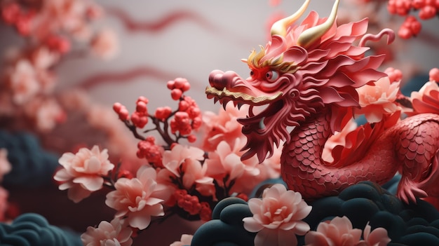 Bonne année chinoise 2024 signe du zodiaque du dragon avec fleur de cerisier ou sakura de floraison sur blurre